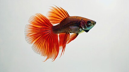 Striking portrayal of a vibrant orange and black betta fish on white canvas