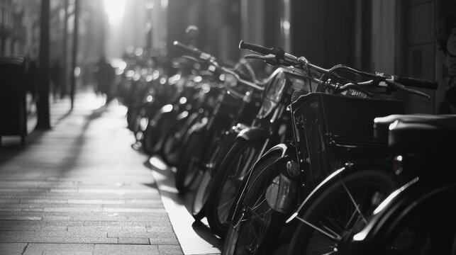 Fototapeta Urban street scene, parked bicycles, monochrome view.