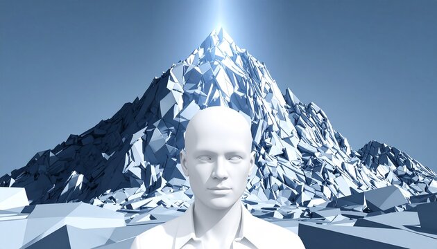 Abstract Ascent: White Stylized Figure Before Icy Peaks Bathed in Ethereal Light, Representing Future Challenges and Untapped Potential