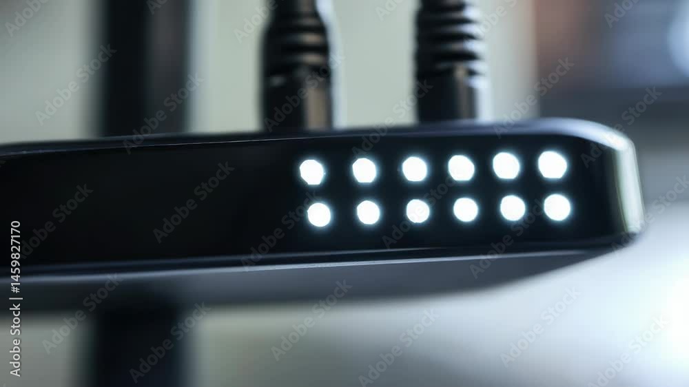 Poster A close-up view of a router on a table with its components and cord
