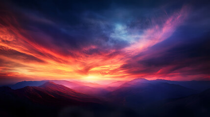 A fiery sunset over jagged mountain ridges, with the sky ablaze in bright reds, oranges, and purples.