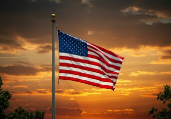 American flag against sunset sky