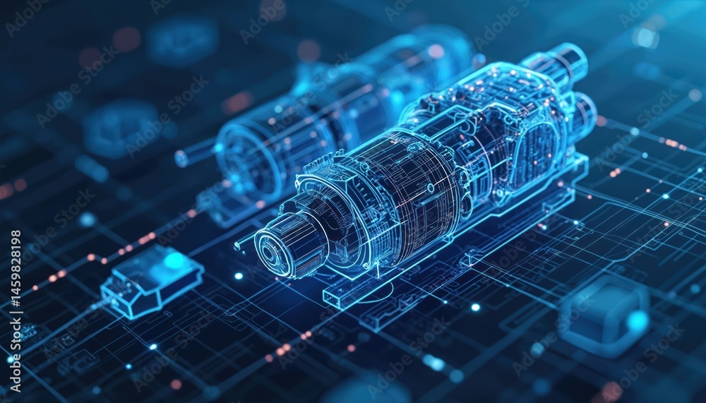 Poster Futuristic tech blueprints with complex geometric shapes. Technical illustration of engineering innovation, digital circuit design with blue lines on dark background, creative illustration. Modern