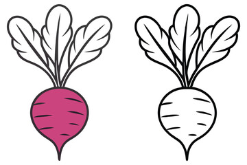 Two stylized beetroots, one pink with color and one black and white, stand isolated