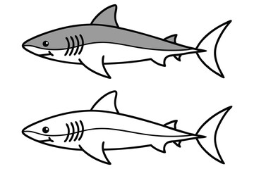 Cartoon drawing shows one gray shark and one outline shark isolated on white background