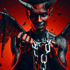 Demonic figure with horns and chains in a dark, intense atmosphere during a Halloween celebration