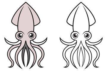 Two cartoon squid showcase a colored version and a simple line art version isolated on white background