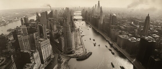 Vintage Aerial View of Chicago's Magnificent Mile and River