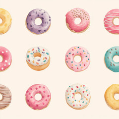 Colorful assorted donuts illustration with pink, purple, yellow, and blue frosting and various sprinkles on beige background in rows
