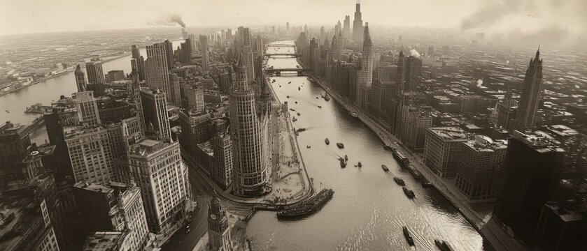 Vintage Aerial View of Chicago's Magnificent Mile and River