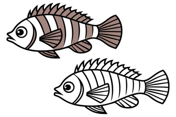 Two stylized striped fish with prominent spines are depicted on a white background