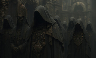 Group Of Hooded Monks In Ancient Temple Shadows