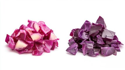 Vibrant piles of finely diced red cabbage on a stark white background