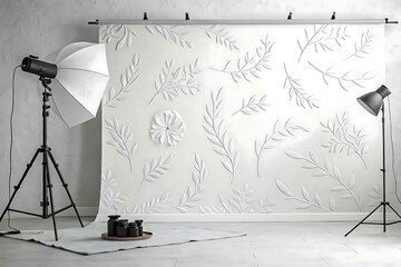 Professional photography studio setup with soft lighting, textured backdrop, and minimal styling