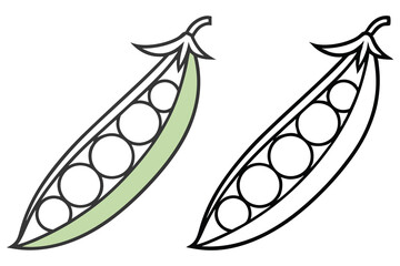 Paired pea pod drawings show the vegetable filled with round peas isolated on white