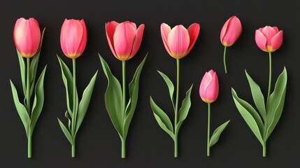 Obraz premium Realistic tulip. Pink red buds tulips, spring flowers bouquet, colorful floral elements for greeting card, brochure, banner vector 3d set illustration , no logos, no brands