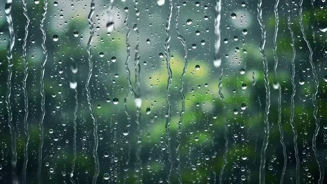 Rainy Day Window Water Droplets on Glass with Blurred Green Background