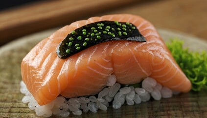 One salmon sushi, close up