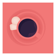 A cup of black coffee, top view on a red background. Italian espresso.  Minimalistic poster with breakfast. Vector flat illustration