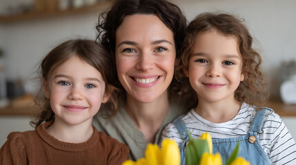 Mother and child daughter family smiling on mothers day, yellow tulip flowers. Bright interior, happy, positive mood, celebration, human connection, memories and moments together 050625