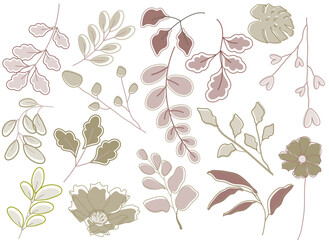 Minimalist hand-drawn leaves and floral elements in earthy tones, perfect for design projects.