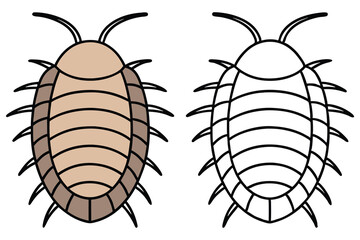 Two cartoon pill bugs are displayed, one in color and one in black outline, isolated