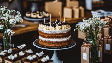 Delicious two-layered cake with buttercream frosting and berries on a cake stand, surrounded by desserts and flowers.