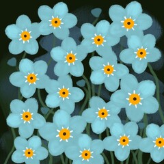 Seamless floral pattern with cute blue flowers on a dark green background.