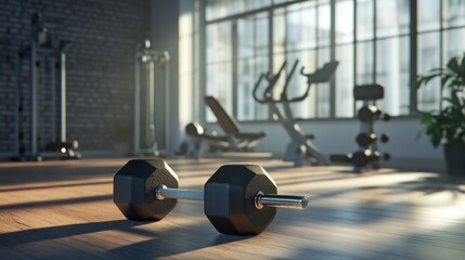 Fototapeta premium 3D rendering of dumbbells on the floor with gym equipment visible in the background of a fitness room
