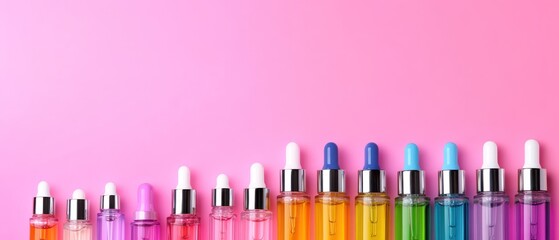 Vibrant Cosmetic Serum Bottles on Pink Background