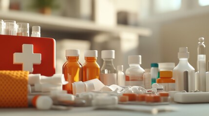 A high resolution ly arranged close up of a first aid kit with organized bandages antiseptic bottles and medical instruments