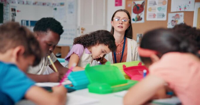 Helping, students and education with teacher in classroom for future, lesson and youth. Learning, academy and knowledge with group of kids at school for child development, studying and growth