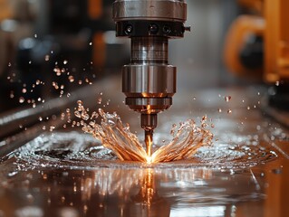 Close-up of high-precision metal cutting with water coolant, showcasing sparks and splashing liquid