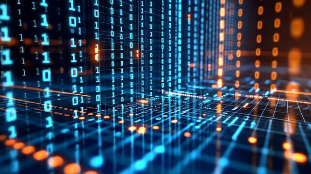 Digital data visualization with glowing binary code creates vibrant, futuristic atmosphere