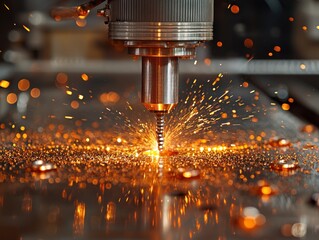 Close-up of industrial metalworking process, sparks flying from high-speed drill