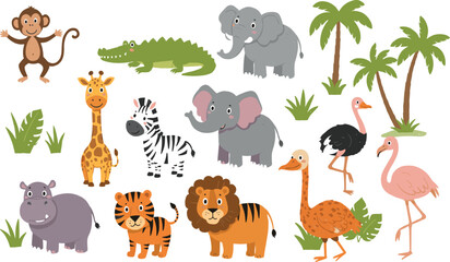 Obraz premium Jungle animals. Cute safari wild mammals. Funny exotic mammal, bird and reptile. Elephant, parrot, lion, crocodile, turtle and palm tree.