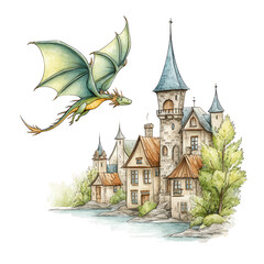 A green dragon soars over a medieval castle perched near a peaceful lake.