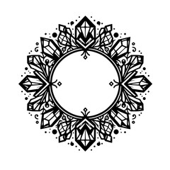 Geometric Crystal Mandala Frame Illustration, Black & White, Decorative