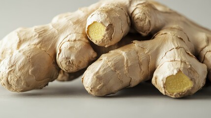 Fototapeta premium A hyper realistic close up of fresh ginger root with deep and placed on a neutral toned background soft diffused