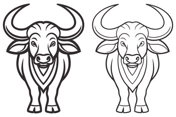Two buffalo in black outline art stand upright gracefully isolated on white background