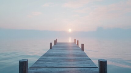 Fototapeta premium Serene wooden dock extends into a hazy sunrise.