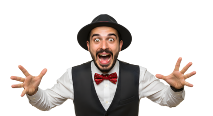 Excited man in a hat and bow tie expressing joy with outstretched hands against a plain background