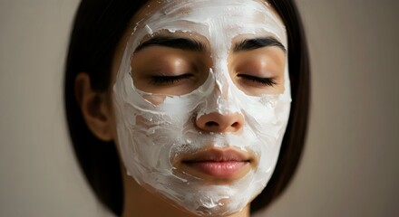 Fototapeta premium Fresh-faced beauty portrait with white clay mask, clean beauty inspiration