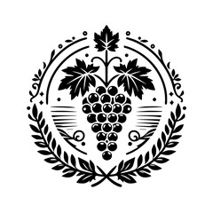 Vintage Grapevine Crest: Elegant Black & White Design for Wine & Food Branding