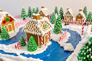 Whimsical Gingerbread Village on a Frosty Winter Wonderland Landscape with Snowy Trees and River
