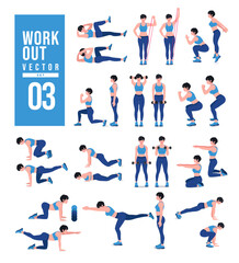 Women Workout Set. Women doing fitness and yoga exercises. Lunges, Pushups, Squats, Dumbbell rows, Burpees, Side planks, Situ ps, Glute bridge, Leg Raise, Russian Twist, Side Crunch .etc