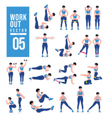 Women Workout Set. Women doing fitness and yoga exercises. Lunges, Pushups, Squats, Dumbbell rows, Burpees, Side planks, Situ ps, Glute bridge, Leg Raise, Russian Twist, Side Crunch .etc