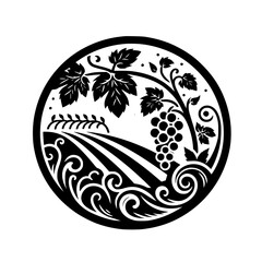 Vineyard Logo: Black & White Circle Design, Vines, Fields, & Grapes