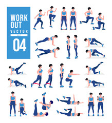 Women Workout Set. Women doing fitness and yoga exercises. Lunges, Pushups, Squats, Dumbbell rows, Burpees, Side planks, Situ ps, Glute bridge, Leg Raise, Russian Twist, Side Crunch .etc