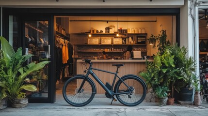 Fototapeta premium Stylish black e-bike parked outside a modern bicycle shop.